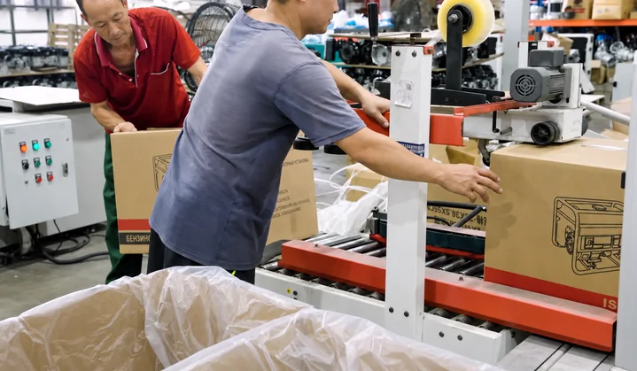 Workers guide a generator carton through a carton-sealing station