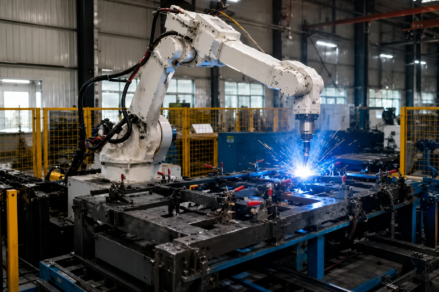 Robotic welding cell on a factory floor, visual context only