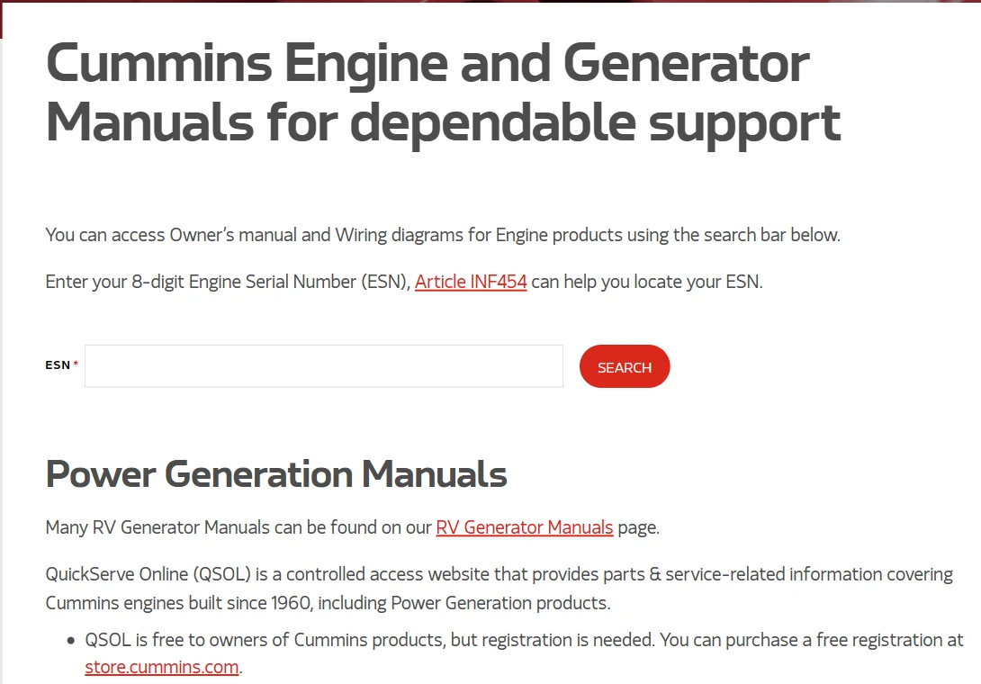 Cummins manuals page showing an engine serial number field and links to power-generation support resources