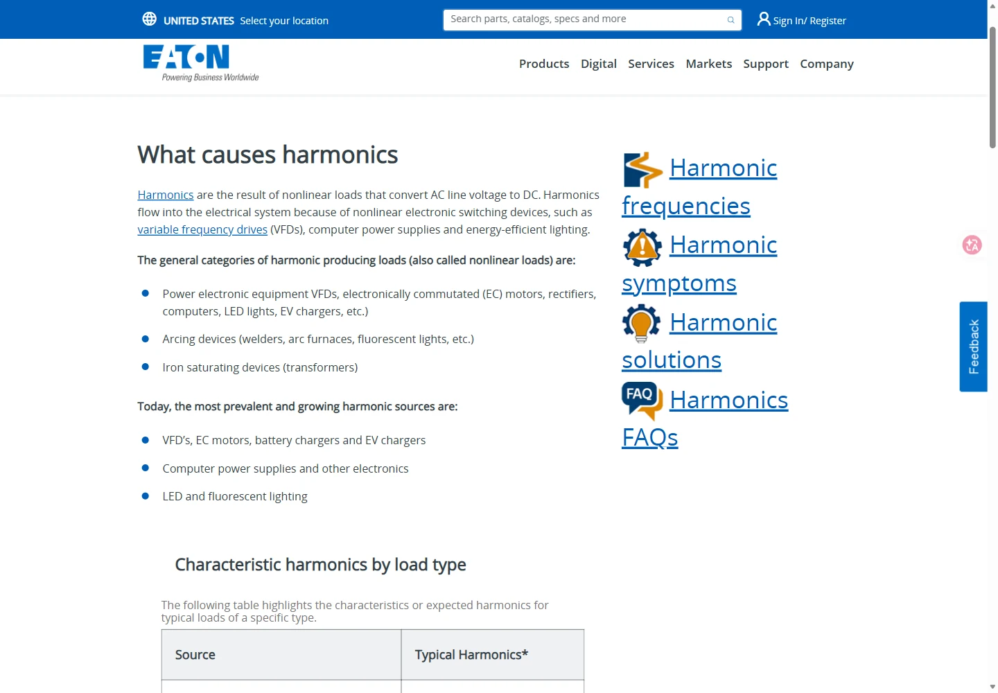 Eaton harmonic-sources webpage listing variable frequency drives, rectifiers, computers, and chargers as nonlinear-load examples