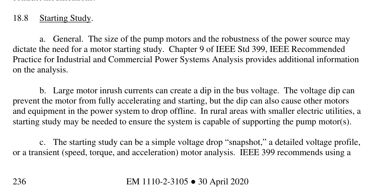 US Army Corps of Engineers manual excerpt explaining that motor inrush current can cause bus-voltage dip and other equipment to drop offline