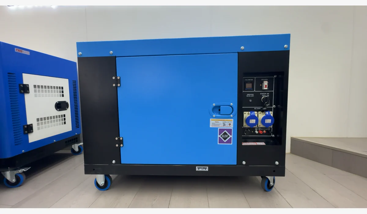 Blue enclosed generator with an access door, ventilation openings, control panel and caster base