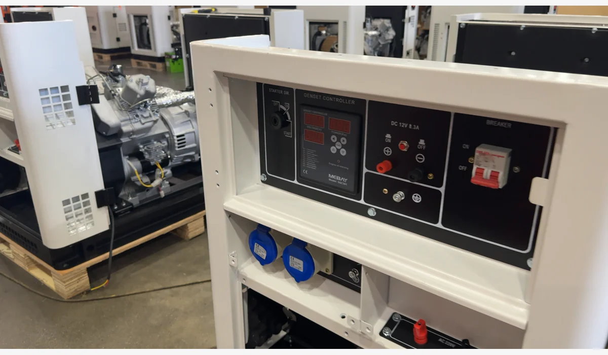 Enclosed generator control panel with a keyed starter switch, meter, breaker and covered outlets