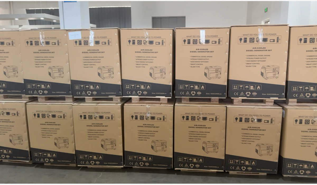 Palletized generator cartons printed with product artwork, handling symbols and marketing claims