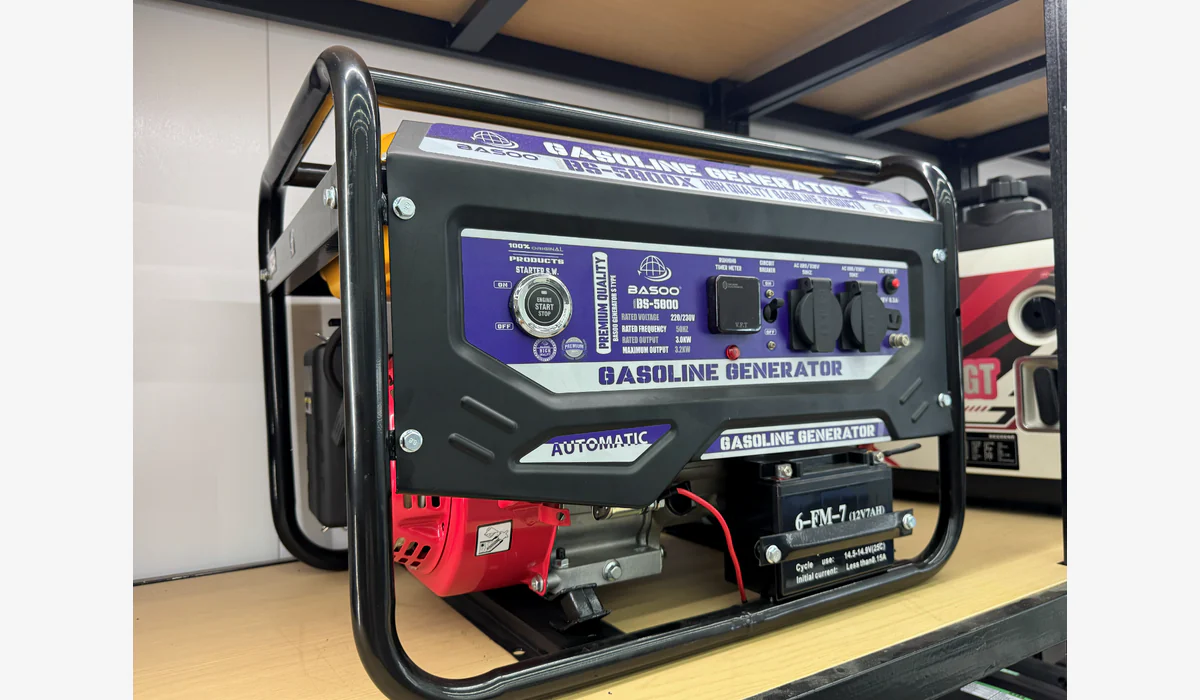 Open-frame generator with a branded model and power label on its front control panel