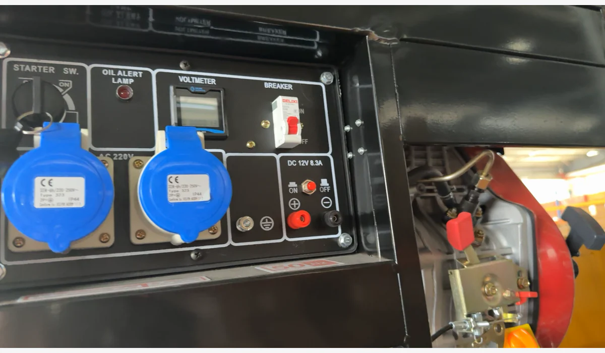 Close view of a generator panel with covered AC receptacles, a breaker, voltmeter, key switch and DC terminals