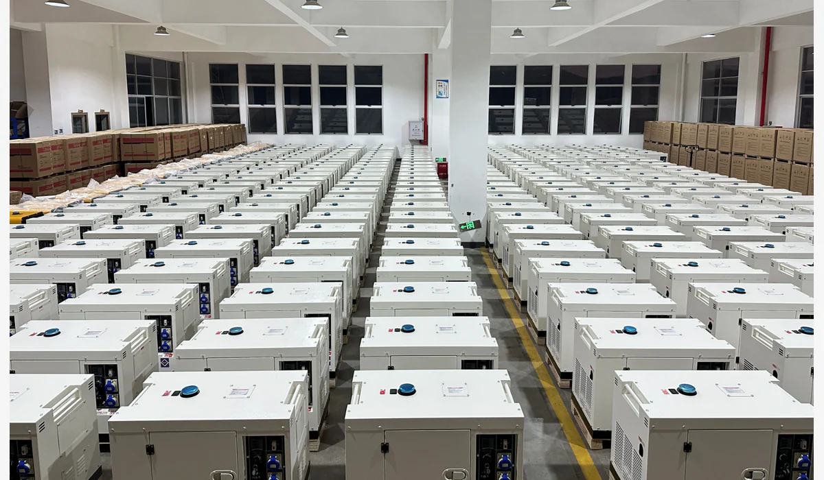 Rows of enclosed generator sets with front control panels and covered outlets visible