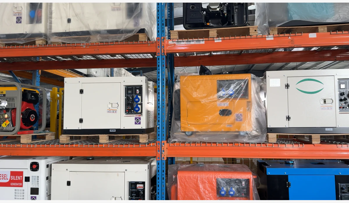 Wrapped enclosed generators and open-frame units stored on warehouse racks
