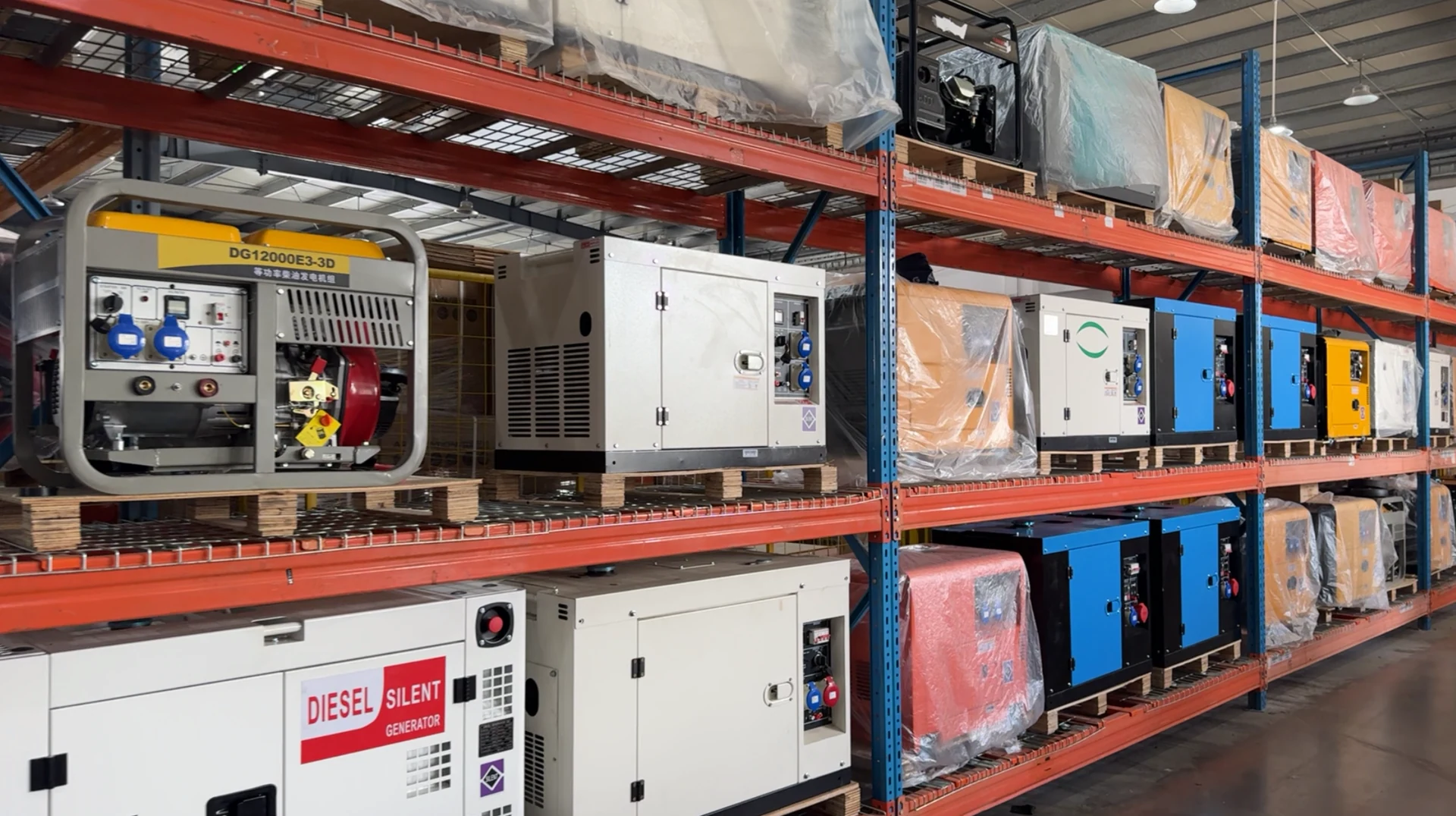 Warehouse rack of mixed generator cabinets, visual context only