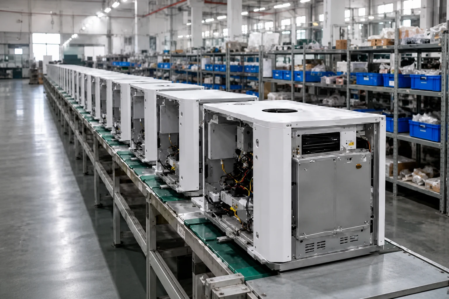 White cabinets in a row on an assembly conveyor, visual context only