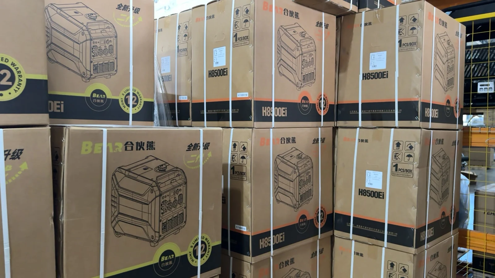 Stacked BEAR inverter-generator cartons secured with packing straps