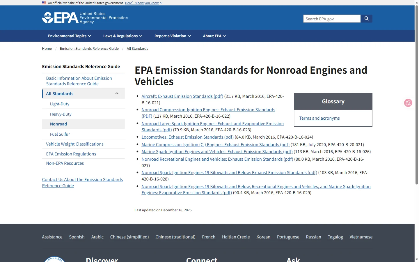 EPA emission-standards reference page for nonroad engines and vehicles, with compression-ignition and spark-ignition entries