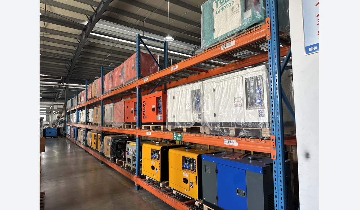 Multiple generator units with different enclosures and colors stored on warehouse racks