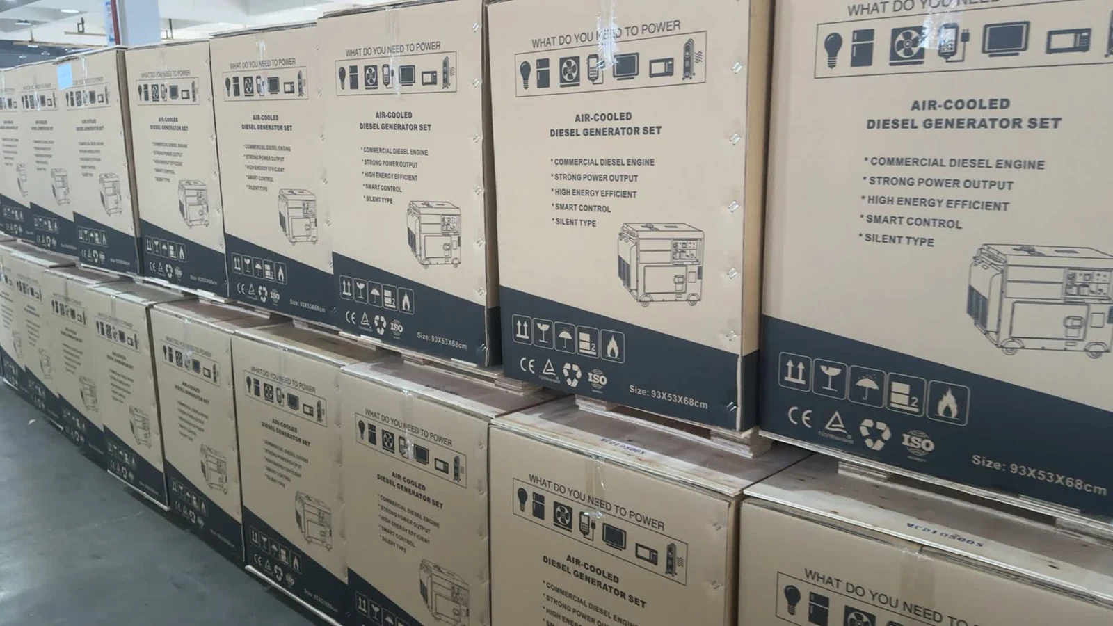 Rows of packed generator sets with printed carton information