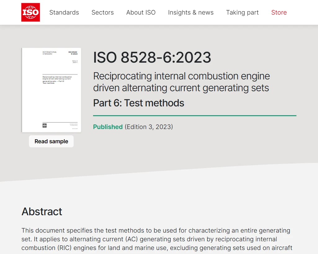 ISO 8528-6:2023 catalogue page showing the standard title, publication status, and opening scope text for generating-set test methods