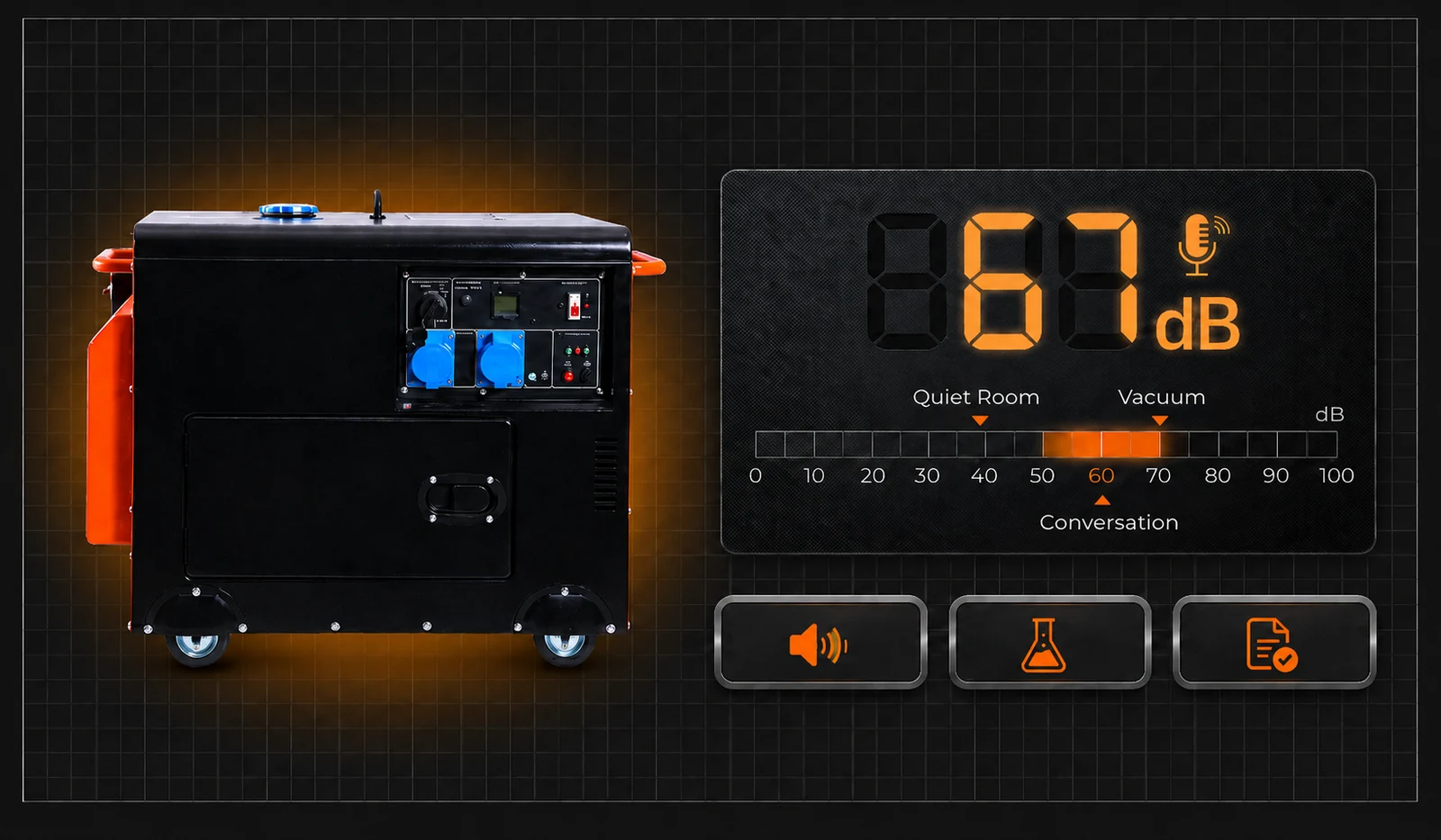 Enclosed generator beside a general sound-level comparison graphic