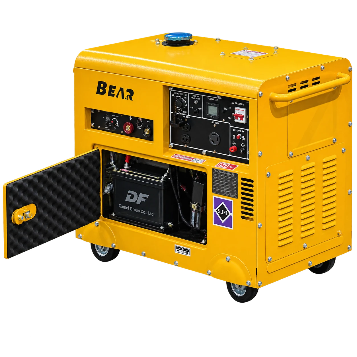 Yellow enclosed BEAR welding generator with the lower service door open