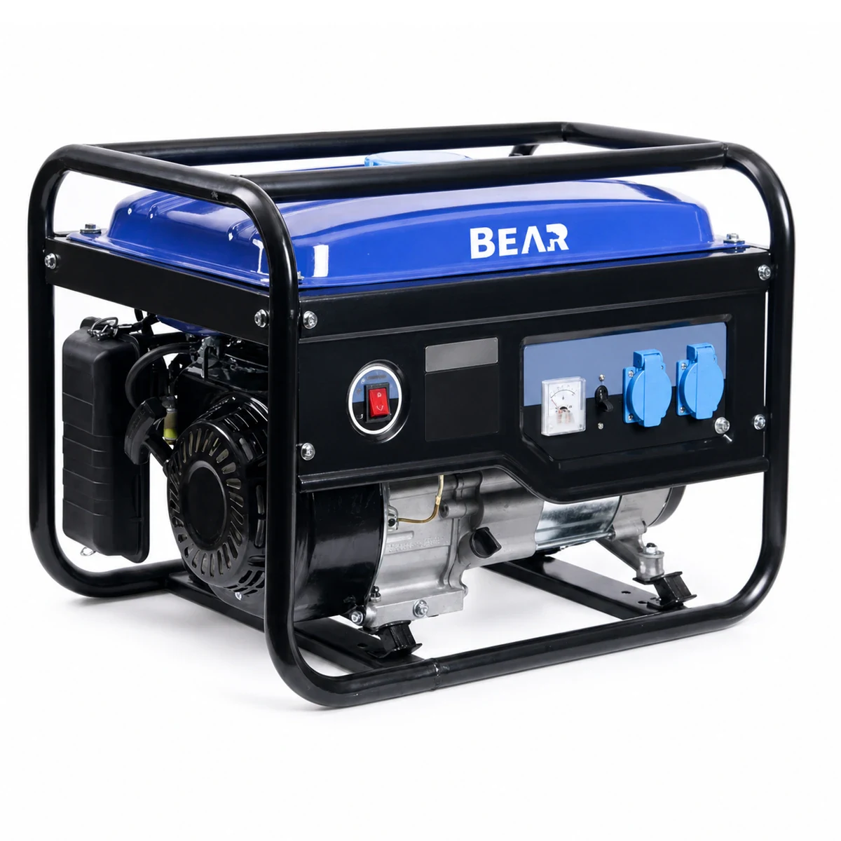 Front three-quarter view of a blue BEAR open-frame generator