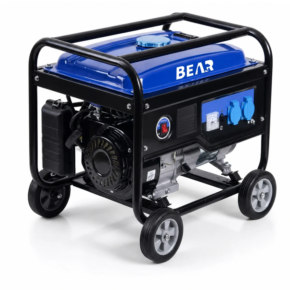 Front three-quarter view of a blue BEAR open-frame generator with four wheels