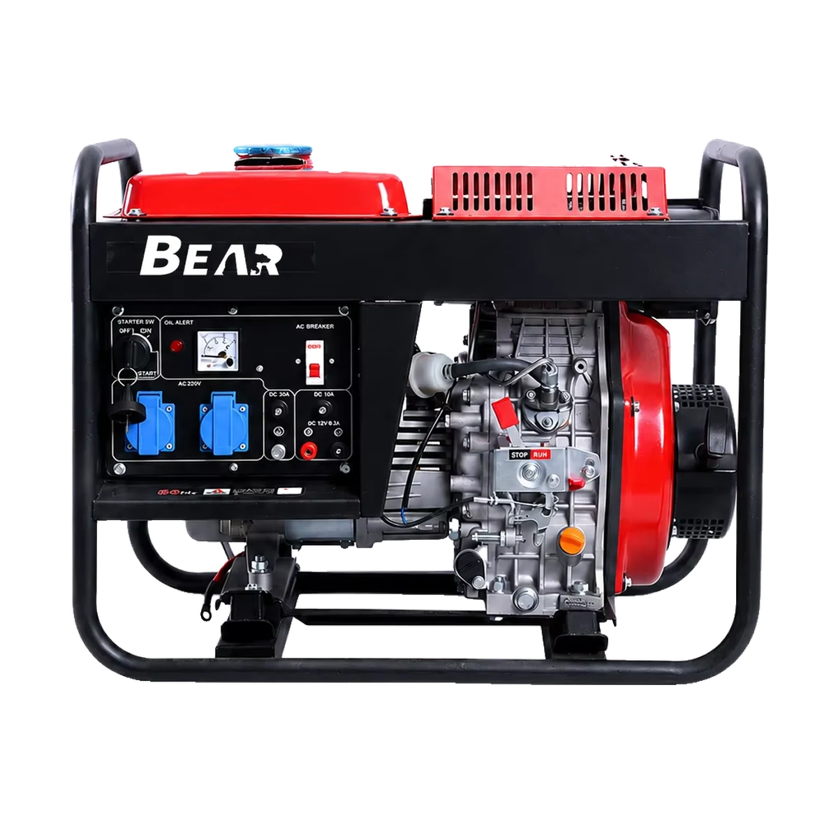 Front view of a red open-frame diesel generator