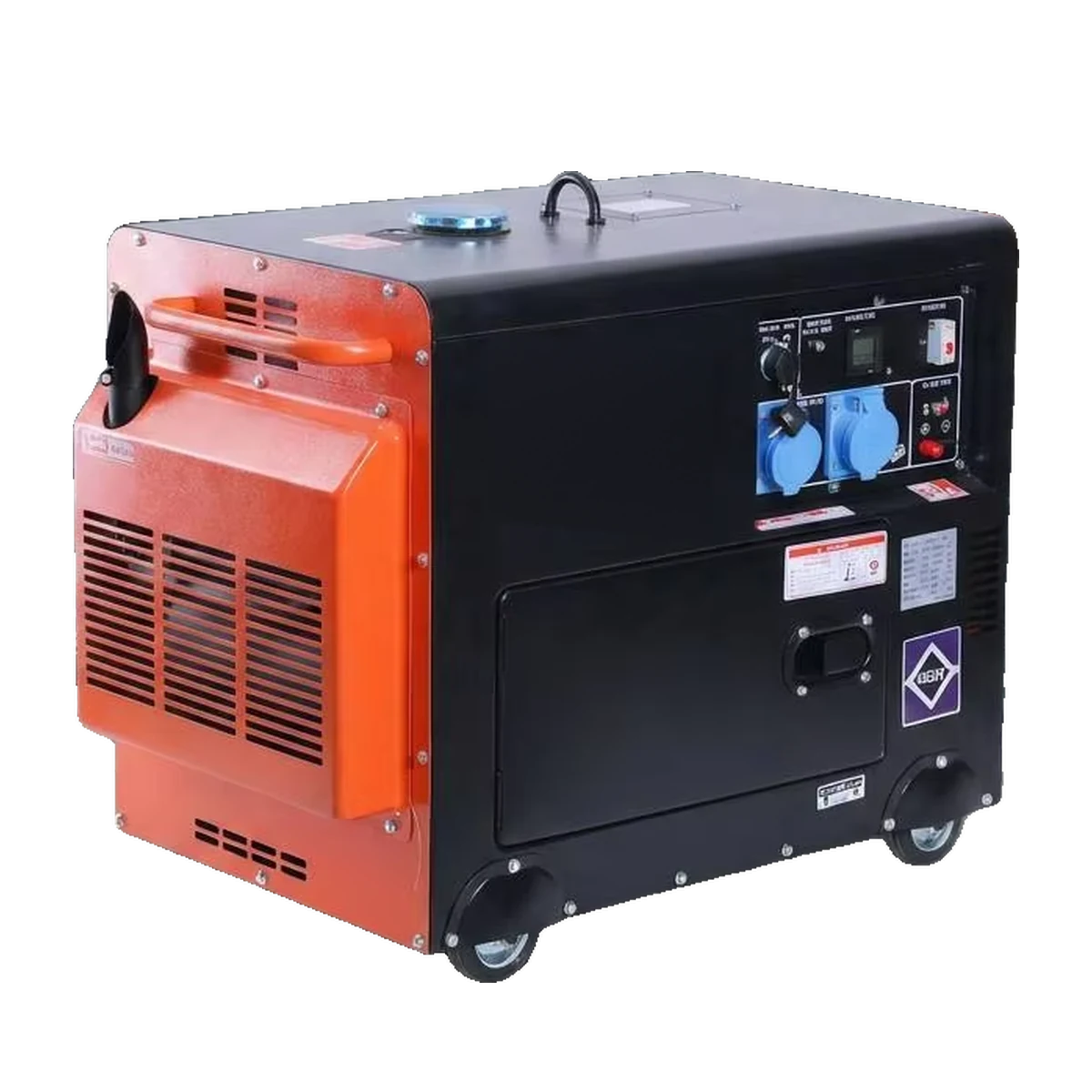 Right three-quarter view of the orange and black BEAR enclosed diesel generator
