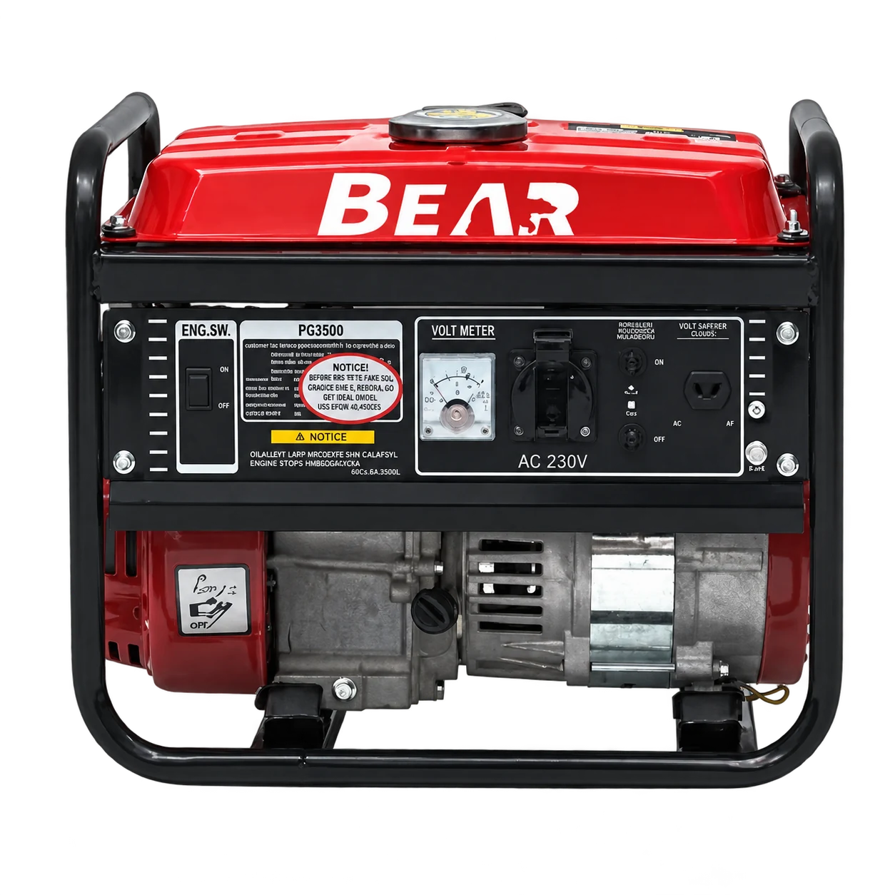Front control-panel view of the red BEAR open-frame generator