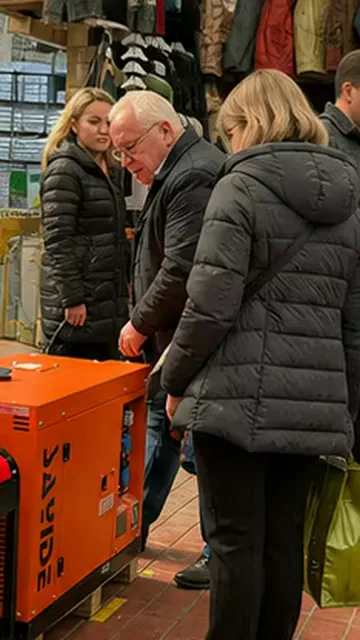 Customers inspecting an enclosed generator in a physical store