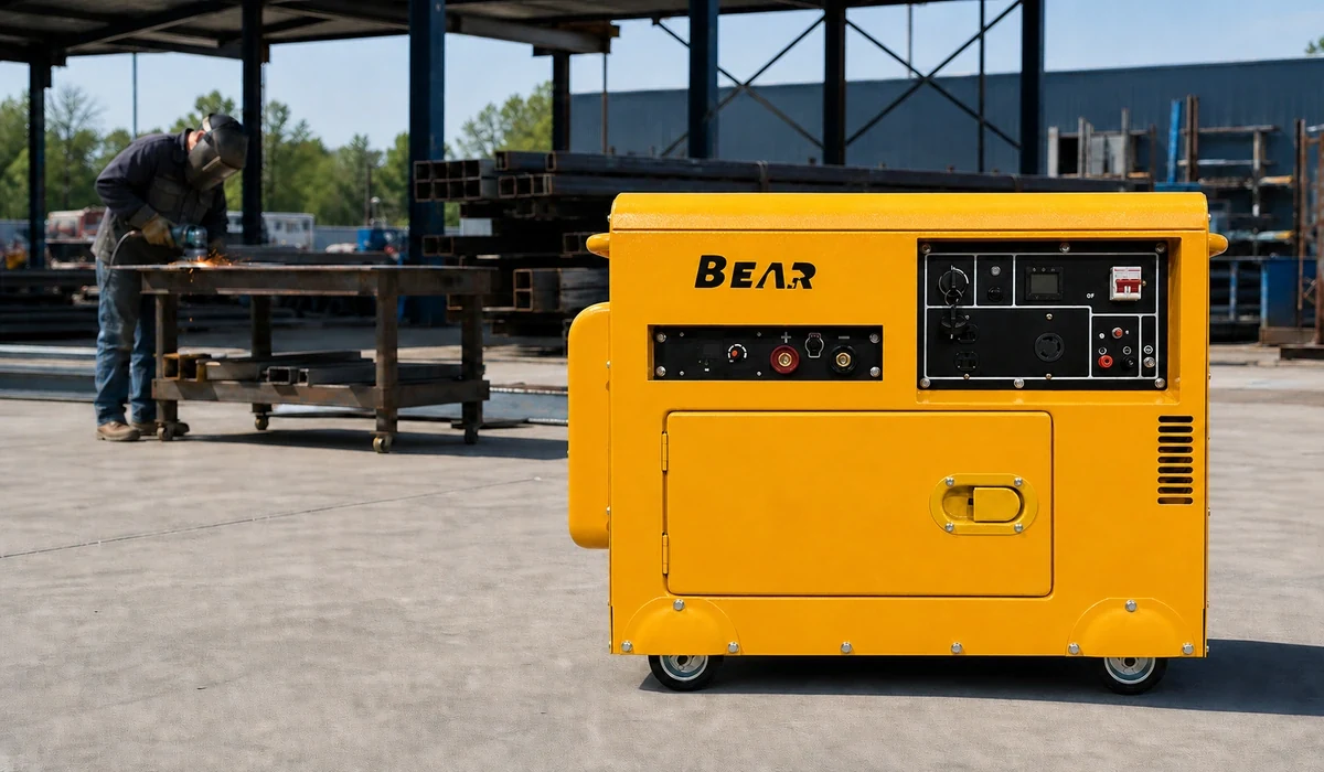 Illustrative metalwork site with a yellow enclosed BEAR welding generator