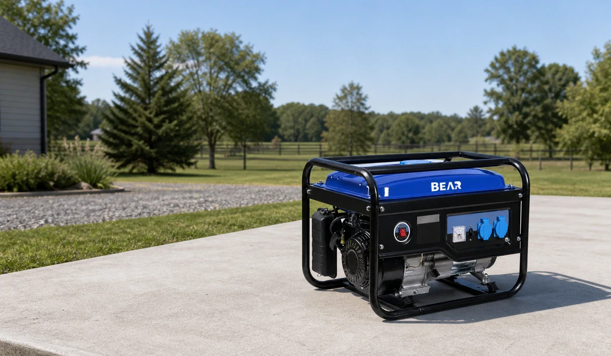 Blue BEAR open-frame generator positioned in an open property setting