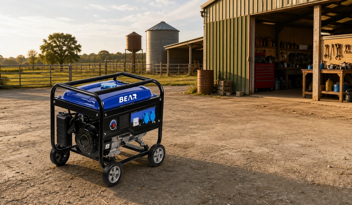 Blue BEAR open-frame generator with four wheels in an open work yard setting