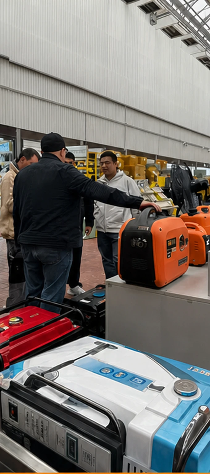 International store scene 3: customers reviewing generator products