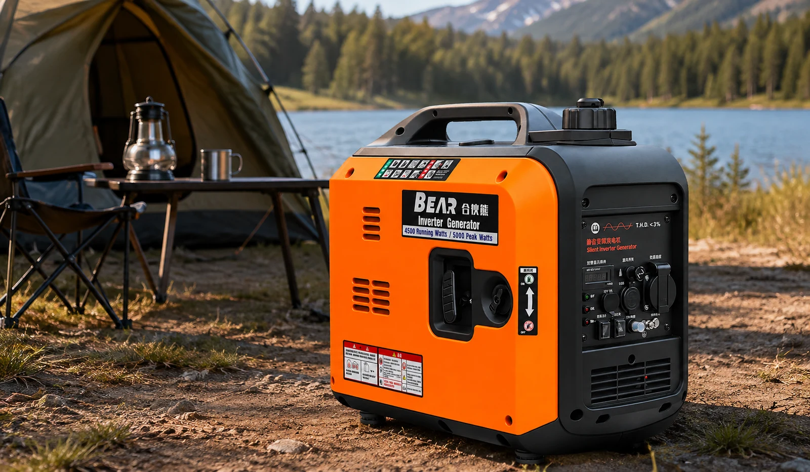 Illustrative campsite-planning scene with an orange portable generator outdoors