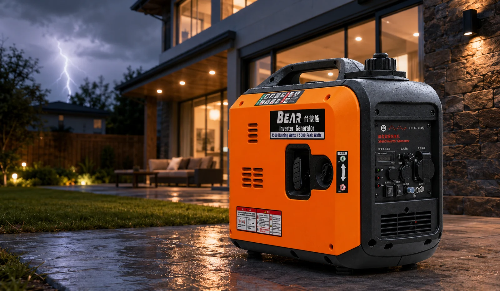 Illustrative storm-planning scene with an orange portable generator outdoors near a building