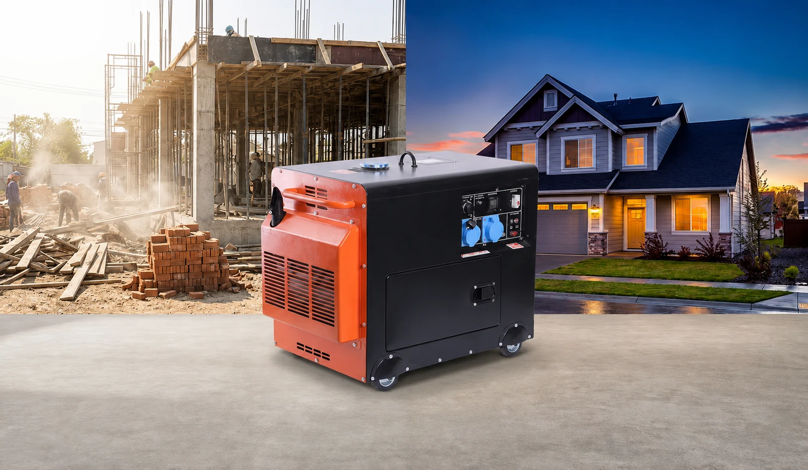 Orange and black enclosed generator between construction and property settings