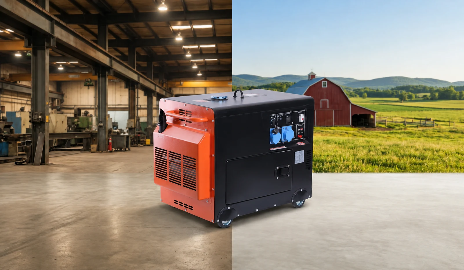 Conceptual illustration of an orange and black enclosed generator between industrial and farm settings