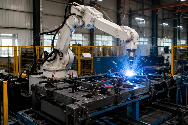 AI-edited workflow illustration of robotic welding on an industrial frame fixture