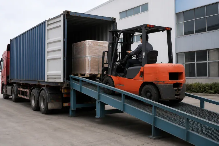 AI-edited workflow illustration of palletized cargo being loaded into a shipping container