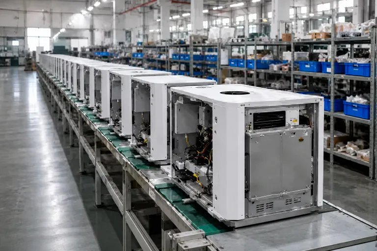 AI-edited workflow illustration of enclosure units arranged on an assembly line