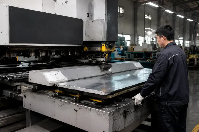 AI-edited workflow illustration of sheet-metal processing in an industrial facility