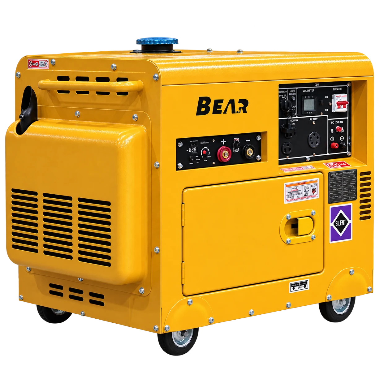 Yellow enclosed BEAR diesel welding generator shown from the control-panel side