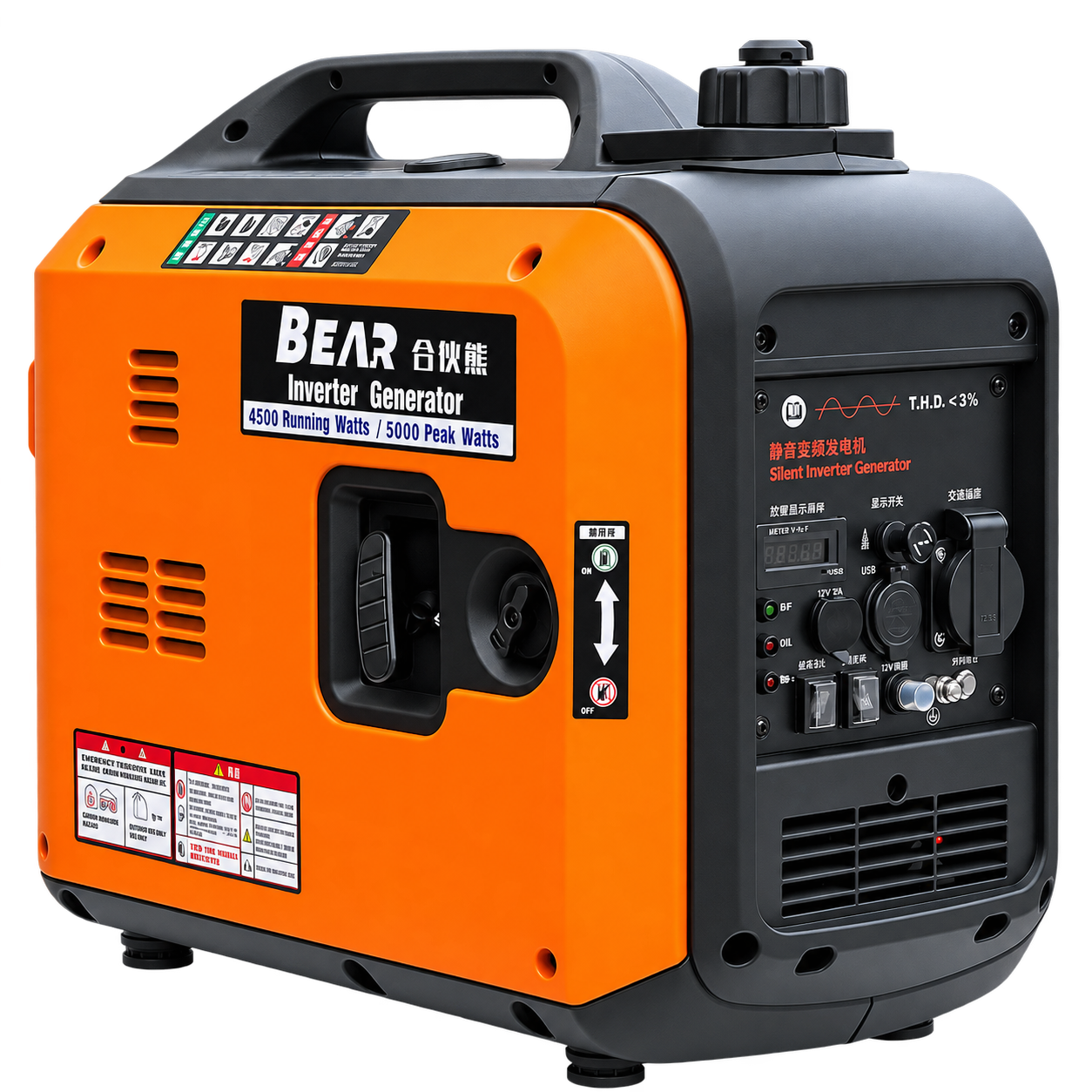 Orange portable generator shown from the control-area side