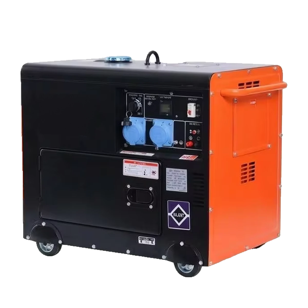 Orange and black BEAR enclosed diesel generator shown from the control-panel side