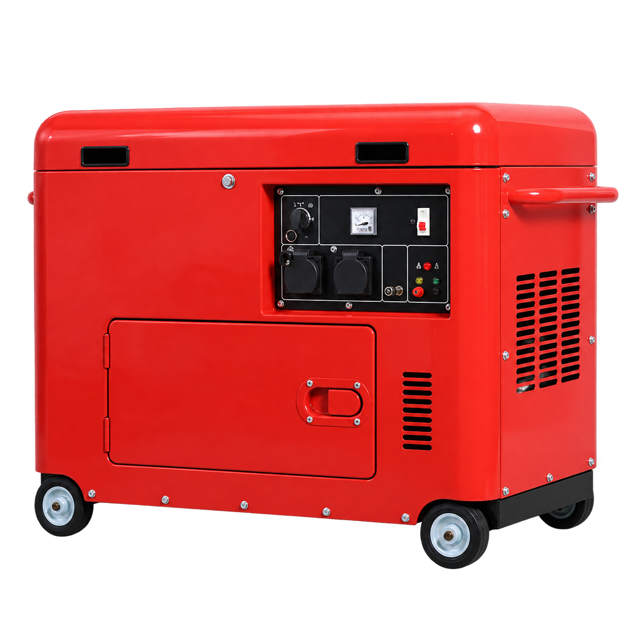 Red enclosed 10.5 kW gasoline generator in a front three-quarter view