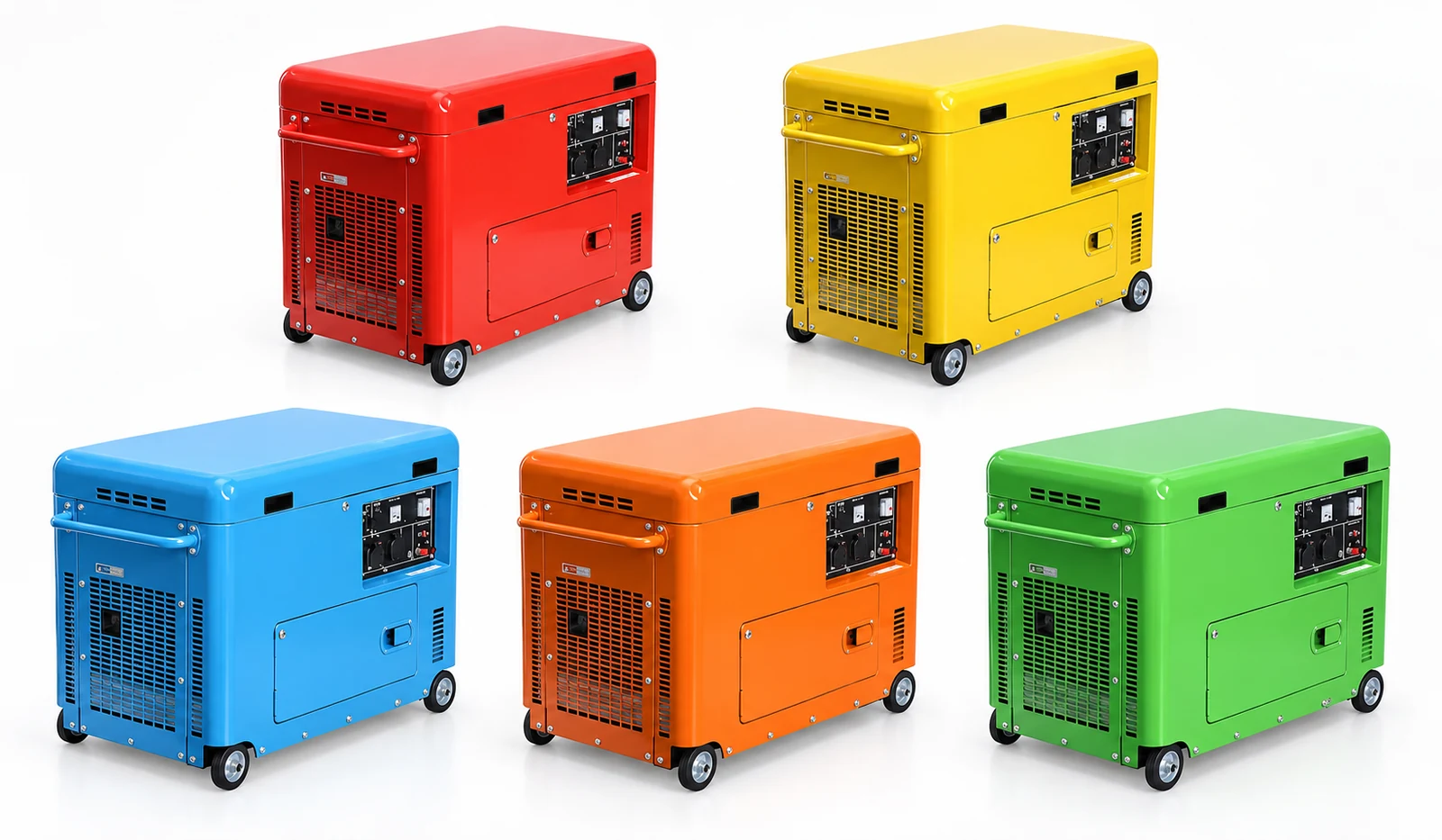 Five enclosed generator color directions in red, yellow, blue, orange and green