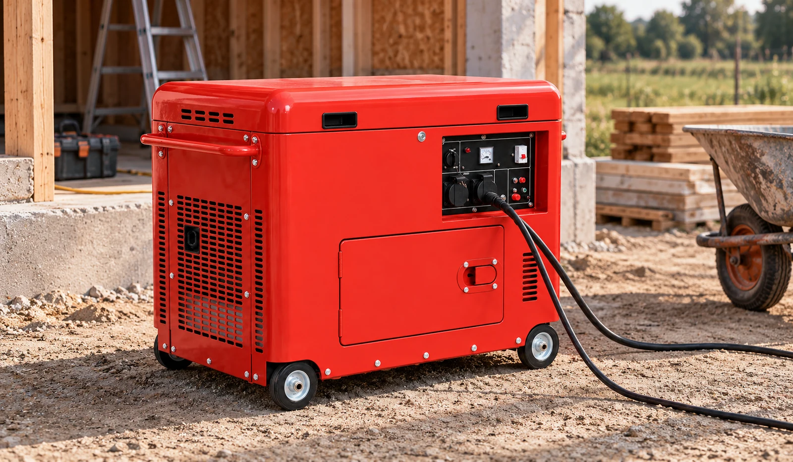 Red enclosed generator with power cables in an outdoor construction-site setting