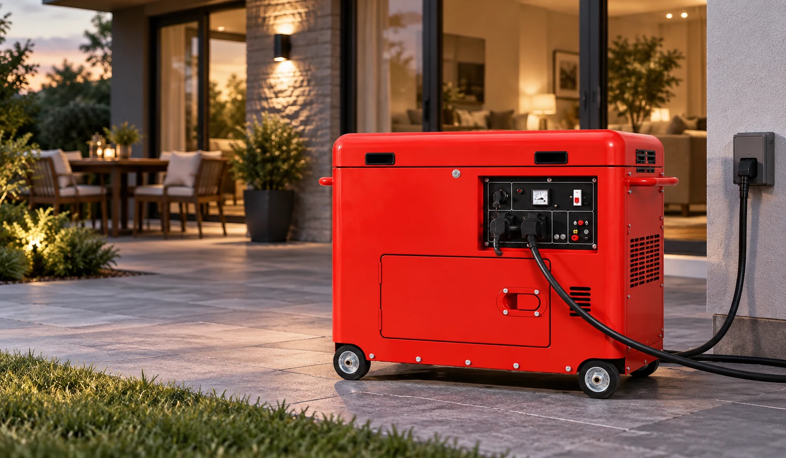 Red enclosed generator with power cables beside a residential patio