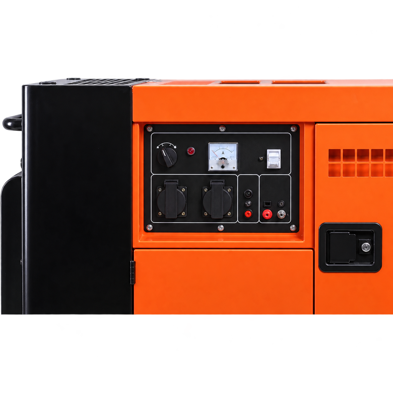 Close view of the control area on an orange and black enclosed generator