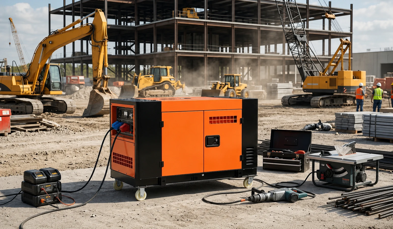 Orange and black generator shown in a jobsite power planning scene