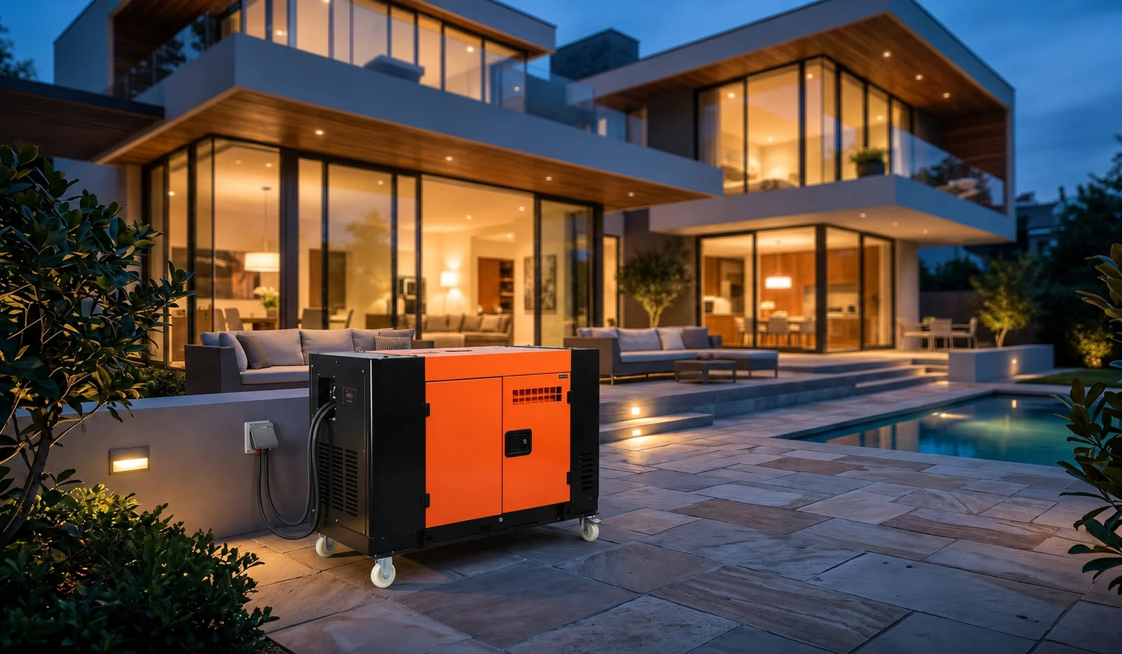Orange and black generator shown in a residential backup planning scene