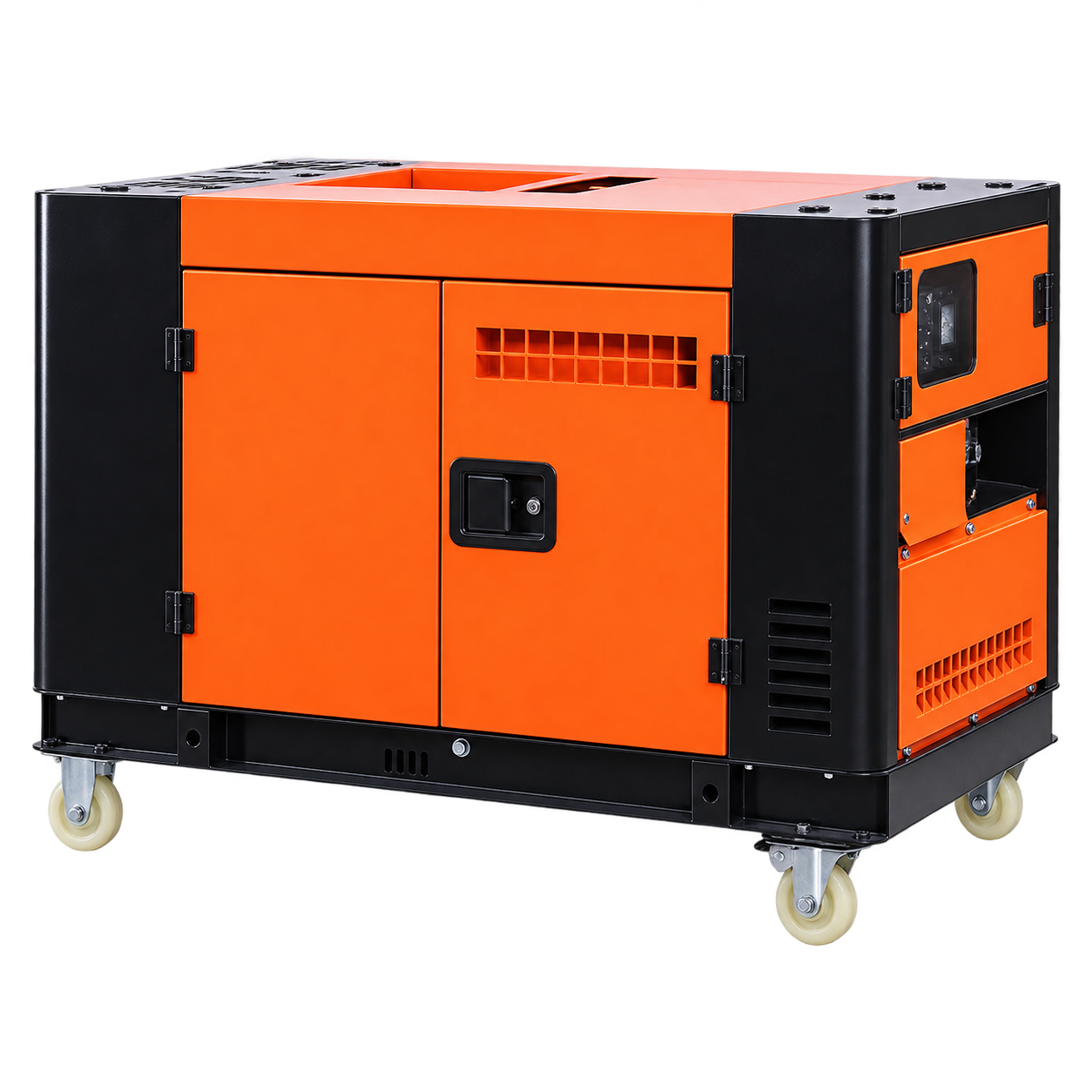 Orange and black enclosed generator shown from the rear side
